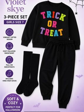 Girls' Black 'Trick or Treat' 3-Piece Sweatshirt & Jogger Set